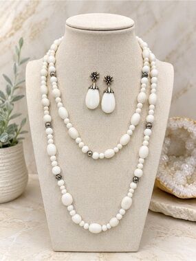 Carolyn Pollack Relios Sterling White Agate Necklace & Earrings Set CP 32”-36”